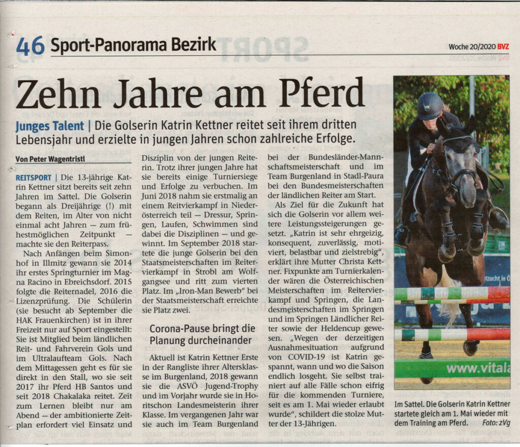 BVZ Artikel "10 Jahre am Pferd" über Katrin Kettner