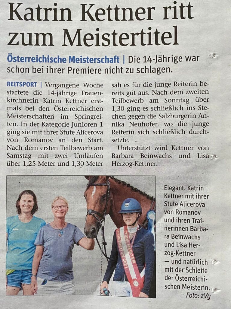 BVZ-Artikel "Katrin Kettner ritt zum Meistertitel" von August 2021