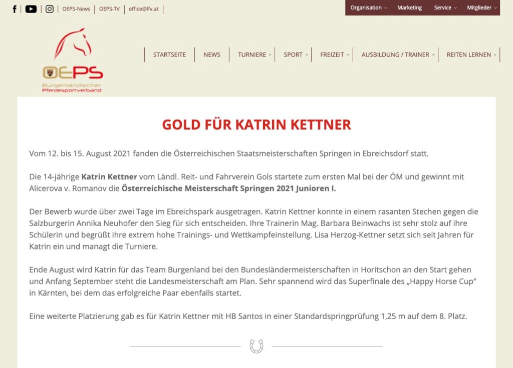Burgenländischer Pferdesportverband Online-Beitrag über Gold für Katrin Kettner bei den Staatsmeisterschaften 2021