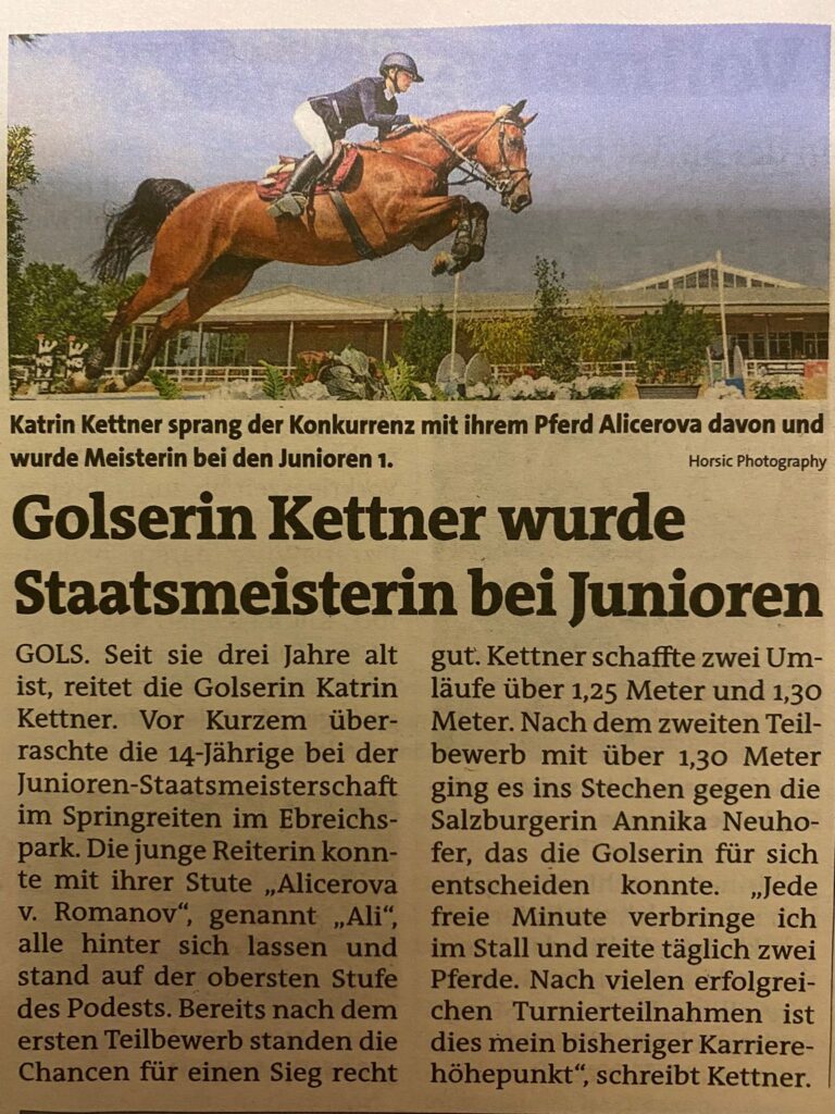 Golserin Katrin Kettner wurde Staatsmeisterin im Springreiten Junioren 2021 - Bezirksblatt Artikel KW34